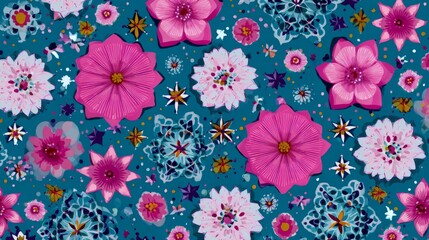Seamless floral pattern with vibrant pink blossoms, yellow centers, green leaves, and abstract blue geometric background for decorative design