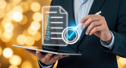 Businessman Completing Digital Checklist on Tablet with Stylus, signifying efficiency, compliance, and technological solutions