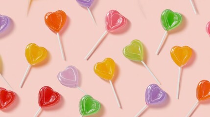 Seamless pattern of colorful heart-shaped lollipops with swirled textures on sticks, isolated on light background for festive candy-themed design