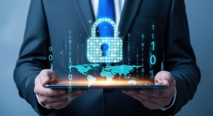 Cybersecurity Professional Holding Tablet Displaying Digital Lock and World Map, Representing Data Protection and Global Network Security
