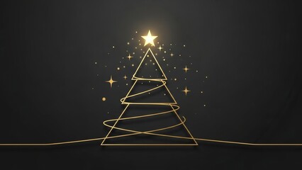 Luxurious minimalist golden wireframe Christmas tree with glowing star and festive sparkles on a dark black background, ideal for elegant holiday greeting design.