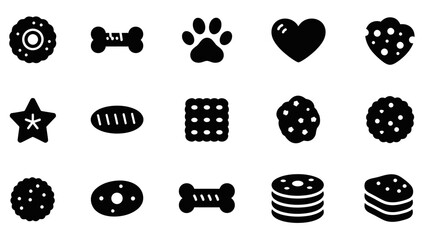 A collection of black silhouette icons depicting various dog treats, pet food shapes, and related symbols like a paw print and heart. © GJ