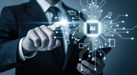 AI Integration Concept: Businessman Interacting with Artificial Intelligence Interface, Representing Future Technology and Business Transformation