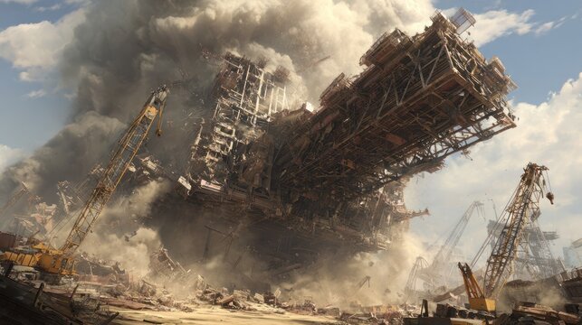 A towering structure crumbles, engulfed in dust and debris, with cranes surrounding the implosion