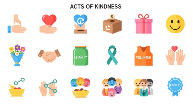 A collection of flat design icons representing various acts of kindness, charity, and social responsibility.
