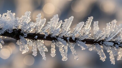 Obraz premium Frozen branch with delicate ice crystals in winter landscape
