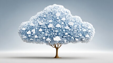 A tree with a cloud-shaped crown adorned with numerous small cloud icons
