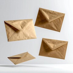 Four brown kraft envelopes suspended in mid-air