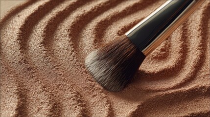 Makeup brush resting on shimmering textured surface of bronze powder with glitter particles, close-up beauty product image for cosmetic and skincare themes