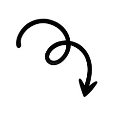 Hand-drawn black curly arrow with playful downward swirl loop on white