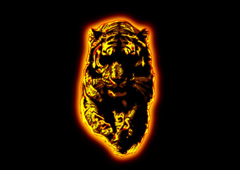 暗い背景に燃える火の虎の3dイラスト。炎に包まれた虎の力強いイメージ。