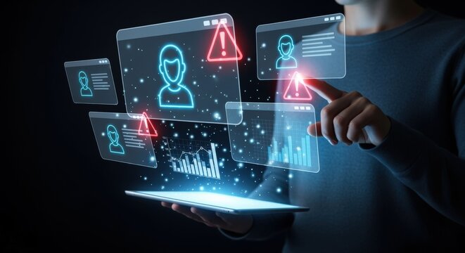 Data Breach Detected: Person Navigating Security Alerts and User Profiles on Digital Interface with Tablet - Powered by Adobe