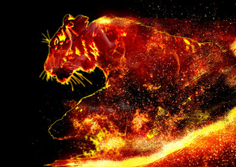 暗い背景に燃える火の虎の3dイラスト。炎に包まれた虎の力強いイメージ。