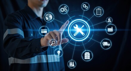 Maintenance Technician Touching Digital Interface with Tools and Process Icons on a Dark Blue Background