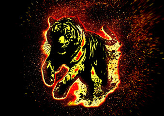 暗い背景に燃える火の虎の3dイラスト。炎に包まれた虎の力強いイメージ。