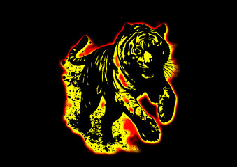 暗い背景に燃える火の虎の3dイラスト。炎に包まれた虎の力強いイメージ。