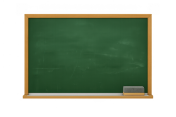 Green chalkboard with wooden frame and eraser, providing space for education, school, and learning concepts on transparent background
