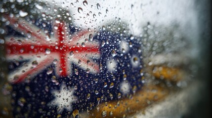 Rain drops on glass showing Australian flag in background during a rainy day in a city