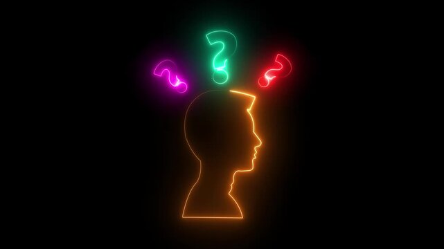 Neon line Silhouette head with question sign.Help icon, support concept, call center and customer service animation on black background