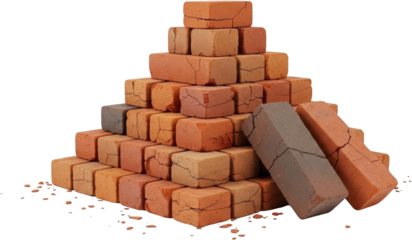 Stacked clay building bricks piled into a pyramid shape featuring varied earthy tones and surface cracks with two leaning bricks beside the base on a transparent background Construction