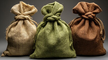 Three Burlap Sacks in Beige, Green, and Brown Standing Upright with Rope Ties on Rustic Surface, Ideal for Agricultural,