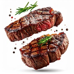 Two grilled steaks, browned and juicy, with rosemary sprigs and pepper, appear to be levitating