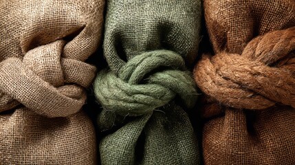 Three Burlap Sacks in Beige, Green, and Brown Standing Upright with Rope Ties on Rustic Surface, Ideal for Agricultural,