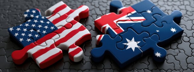Puzzle pieces showing flags of the United States and Australia on a black surface during a sunny day
