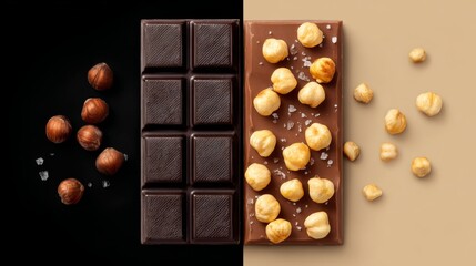 Comparison of dark and milk chocolate bars with hazelnuts and sea salt on contrasting backgrounds