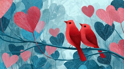 Romantic Red Birds on Branch Surrounded by Vibrant Pink and Blue Forest Foliage with Floating Hearts in Whimsical Digital Nature Illustration