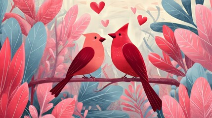 Romantic Red Birds on Branch Surrounded by Vibrant Pink and Blue Forest Foliage with Floating Hearts in Whimsical Digital Nature Illustration