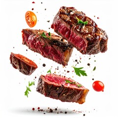 Grilled steak slices, fresh herbs, and cherry tomatoes in mid-air