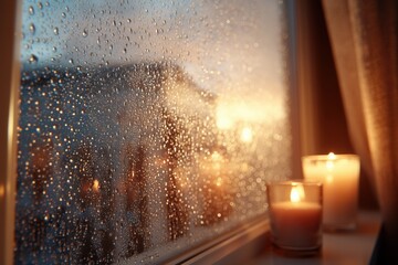Cozy Evening Scene with Rainy Window and Soft Candlelight Glow