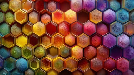 Abstract 3D Rendered Hexagonal Tile Pattern in Vibrant Rainbow Colors with Glossy Metallic Texture