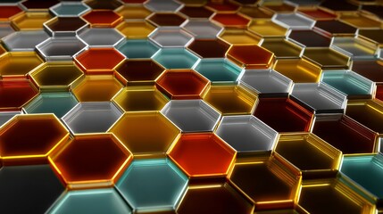 Abstract 3D Rendered Hexagonal Tile Pattern in Vibrant Rainbow Colors with Glossy Metallic Texture