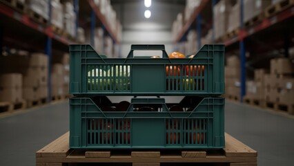 Stacked, durable, dark teal plastic crates filled with vibrant oranges and green bell peppers are neatly arranged on a wooden pallet within the blurred, expansive aisles of a large, industrial