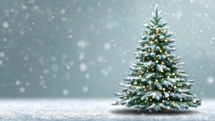 Detailed snowy Christmas tree illuminated by warm golden fairy lights, standing on snow ground with heavy snowfall and bokeh. Festive winter holiday background with copy space.