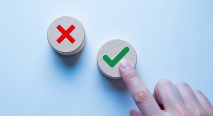 Decision Making: Finger Selecting Green Check Mark, Avoiding Red Cross On Wooden Blocks, Demonstrating Choice
