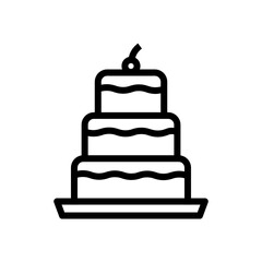Elegant three-tier cake icon with candle in clean outline vector style, perfect for bakery branding, wedding invitations, pastry menus, event flyers, and confectionery packaging.