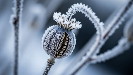 Frosty poppy seed pod in winter landscape with delicate frost crystals