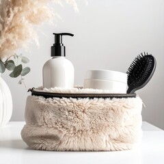 Creamy beige faux fur cosmetic bag with toiletries