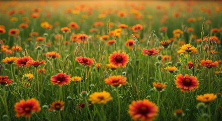Obraz premium Vibrant Field of Blanket Flowers: Golden Hour Bloom, Nature's Beauty, Soft Focus.