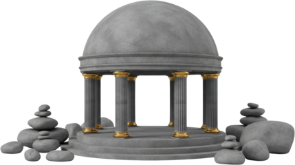 Ancient gray stone gazebo structure with gilded accents stands centrally surrounded by carefully stacked gray balancing cairns and loose river rocks Temple Architecture Column Classical