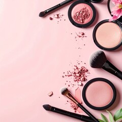 Pink makeup products, blush, and brushes.  Cosmetic items arranged on a pastel pink background
