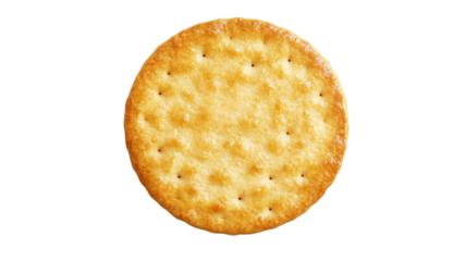 Crispy round cracker golden baked snack with crunchy texture savory flavor simple food closeup isolated on white background
