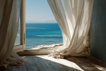 Tranquil Seaside View Through Open Window with Flowing Curtains in Bright Light
