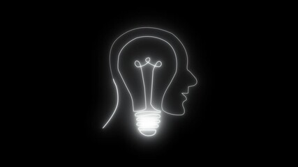 Futuristic Neon Female Head with Light Bulb Symbol – Concept of Innovation, Feminism, and Creative Thinking on Dark Background. Intelligence and concept. Concept of innovation on black background.