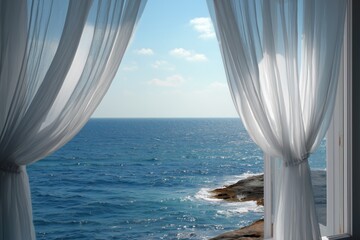 Serene OceanView Through Elegant Sheer Curtains in Bright Natural Light