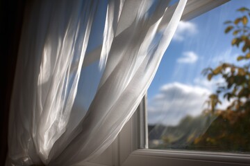 Soft White Curtain Draping Over a Bright Window with Blue Sky and Clouds