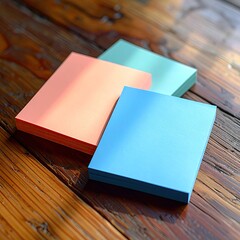 Three stacks of colorful sticky notes on a wooden table.  Sunlight highlights the notes